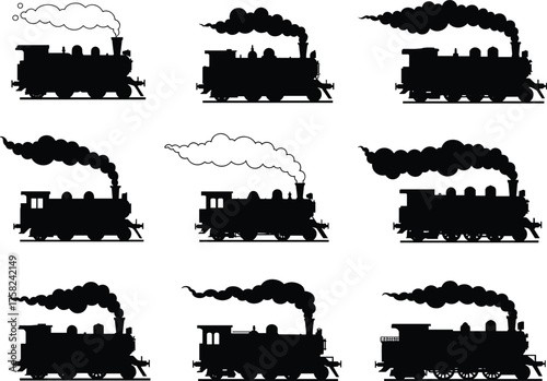 Vintage steam locomotive silhouettes with dynamic smoke clouds in black vector style, perfect for retro transport, railway, and industrial themes