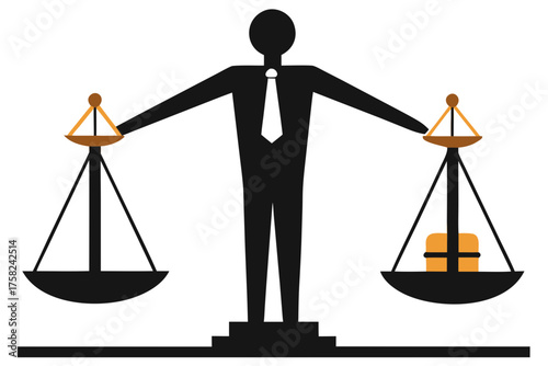 Silhouette man with scales of justice and a briefcase on white background