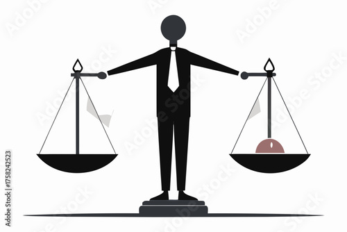 Silhouette man with scales of justice and abstract objects on white background