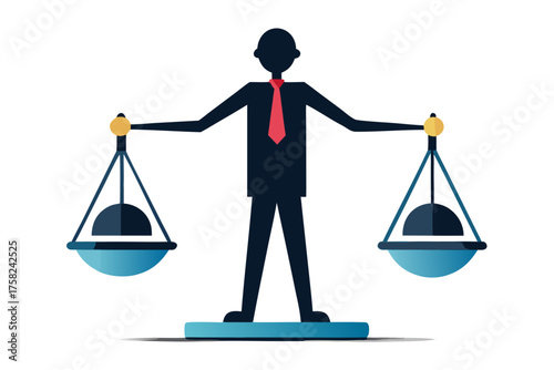 Silhouette man with scales of justice and blue pans on white background