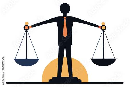 Silhouette man with scales of justice and orange sun on white background