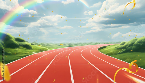 Vibrant running track through green hills under a bright sky, adorned with a colorful rainbow and golden confetti, symbolizing the exciting journey to triumph