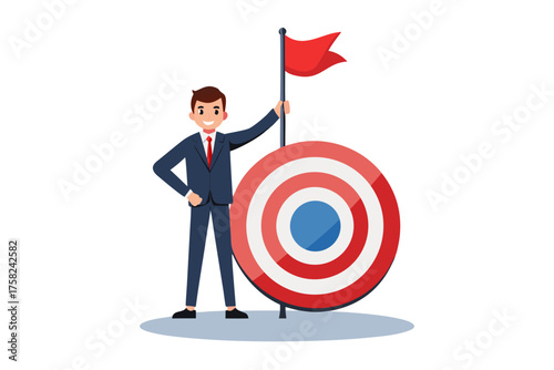 Smiling businessman with flag and target on white background