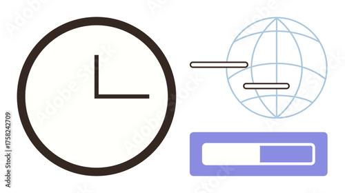 Analog clock, global connectivity lines around the globe, and progress bar signify time management, international communication, productivity, workflow optimization, data analysis, technology