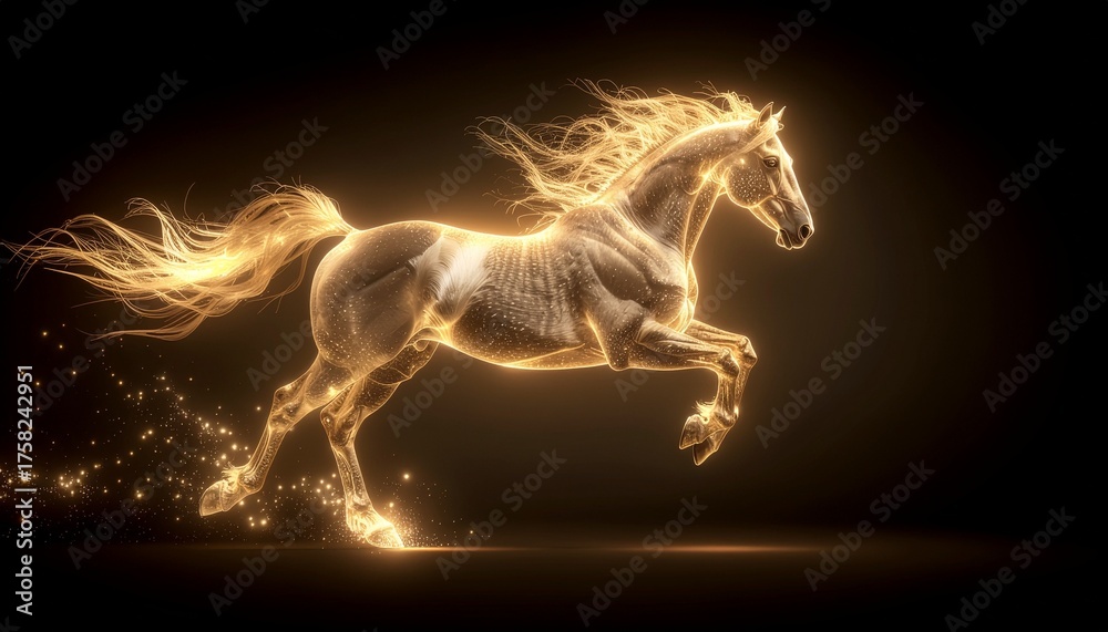 Fototapeta premium Majestic golden horse made of flowing light and glowing energy, galloping dynamically against a dark background, symbolizing power, speed, and freedom in an ethereal and abstract style.