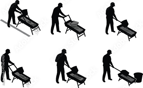 Step by step construction worker mixing concrete manually with shovel, water, wheelbarrow and tray process vector illustration for building projects