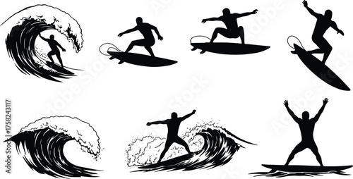 Surfing silhouettes vector illustration showing surfers riding waves, extreme sports action poses, ocean adventure lifestyle, water sport design elements collection