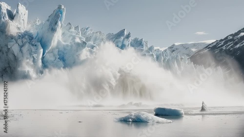 A massive glacier calving, sending ice and mist into the cold water