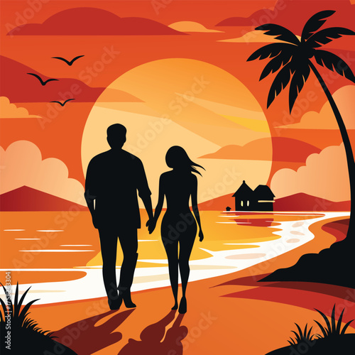 Couple silhouette holding hands walking on tropical beach at sunset romantic evening