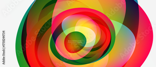 Abstract colorful layers create dynamic circular design. Vibrant hues blend, forming modern visual experience. Smooth gradients offer depth.