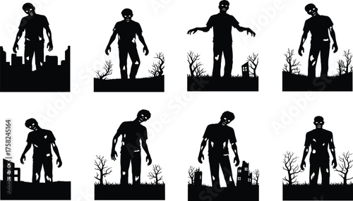 Zombie silhouettes in urban and forest backgrounds, horror-themed vector illustration with eerie poses, Halloween undead concept in black and white.
