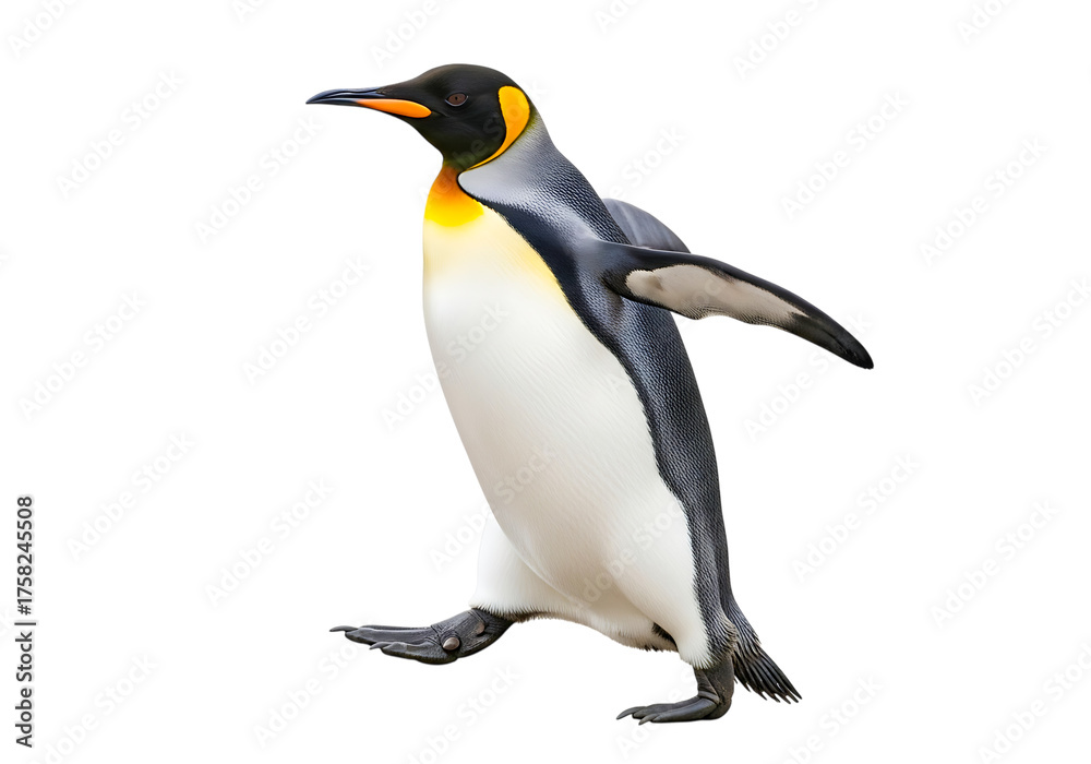 Fototapeta premium King penguin walking isolated on transparent background with its wings spread