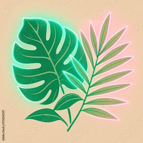 Retro Tropical Leaf Vector Texture with Neon Accent – Botanical Minimalist Design