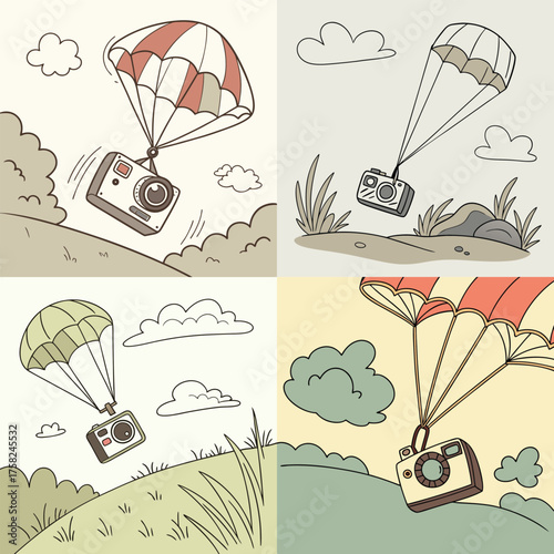 Action camera descends via parachute capturing aerial adventure photography and videography footage