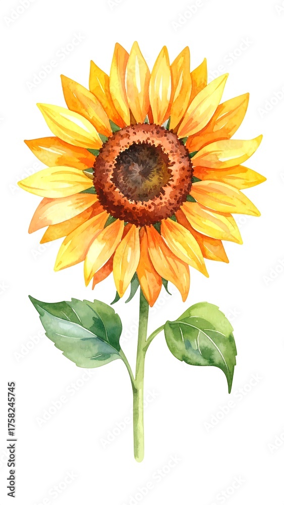 Fototapeta premium An isolated watercolor illustration of a vibrant, fully bloomed sunflower with a brown center, yellow petals, green leaves, and stem