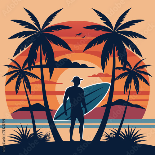 Silhouette of a surfer with surfboard standing between palm trees at sunset with ocean waves and sky