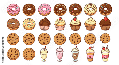 An arrangement of kawaiistyle donuts cupcakes cookies and milkshakes rendered in pastel colors