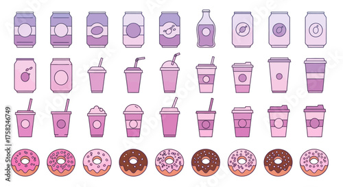 Graphic features drinks and donuts with a purple hue arranged in rows