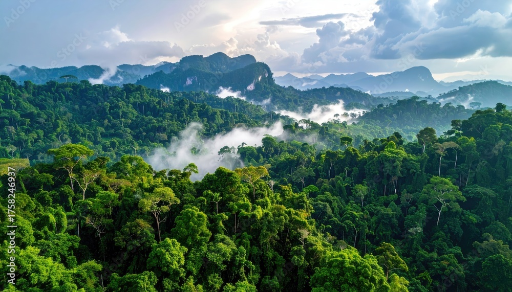 Fototapeta premium Lush Green Tropical Rainforest Mountains With Misty Clouds And Sunlight Breaking Through In Thailand