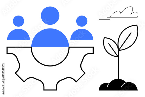 Blue team profiles aligned on a gear beside a growing plant. Ideal for teamwork, innovation, development, progress, strategy, leadership, and sustainability themes. Minimal simple flat metaphor