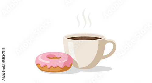 A coffee cup with steam and a pink glazed donut are placed next to each other