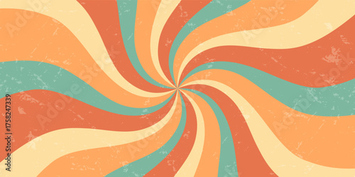 Groovy orange sun burst and spiral graphic in retro background style with grunge and grungy effect. This sunshine swirl combines sun y2k visual for a vintage horizontal wallpaper concept.