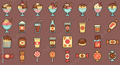 Pixel art presents an array of sweets including ice cream candy drinks and chocolate set against a brown background