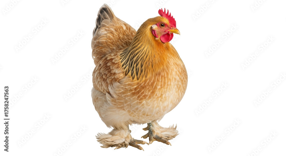 Fototapeta premium Isolated Brahma chicken facing right with light tan feathers and red comb on its head