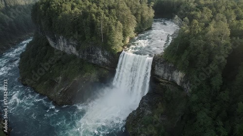 Aerial view of a majestic waterfall cascading into a rushing river