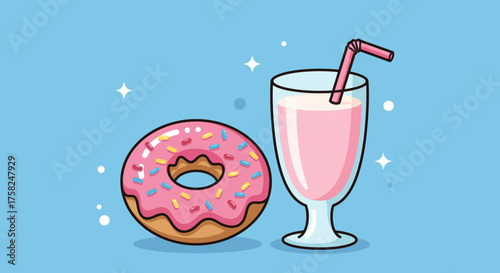 Cartoon image of a donut with sprinkles and a pink milkshake in a glass