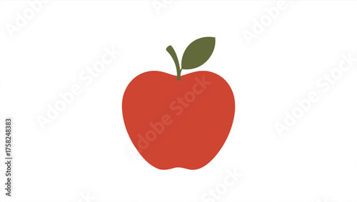 Simple illustration of a bright red apple with a green leaf and stem on a solid black background
