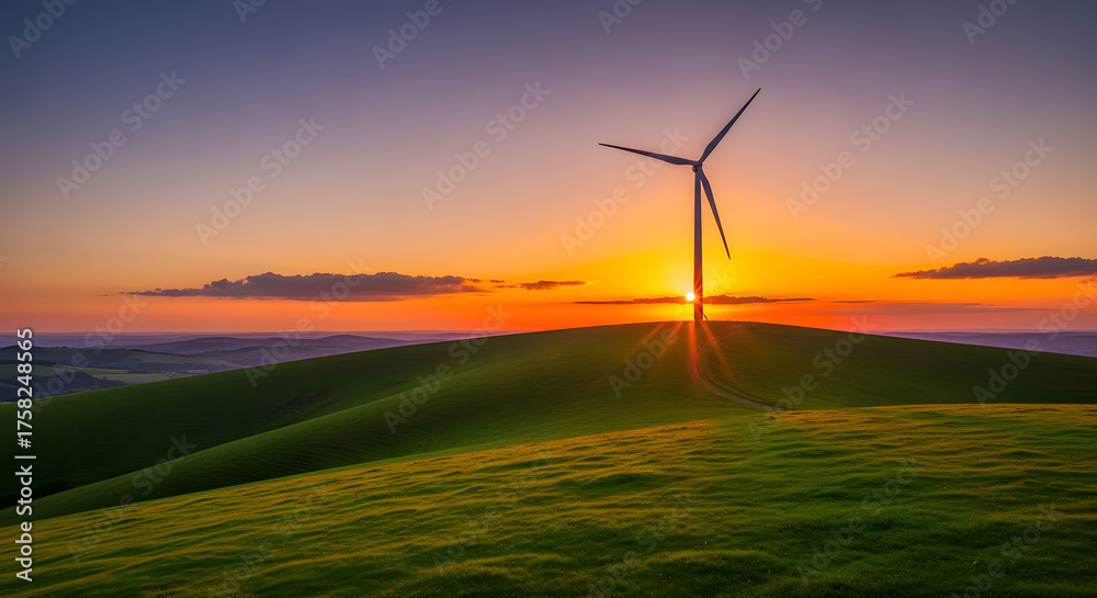 Fototapeta premium Golden Sunset Over Rolling Green Hills With A Solitary Wind Turbine Harnessing Renewable Energy