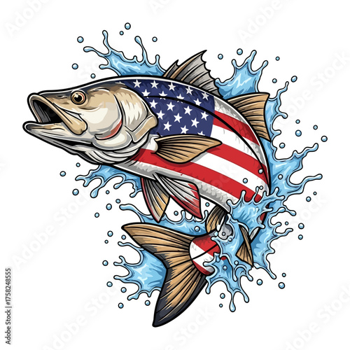 Patriotic fishing design American flag pattern on snook fish jumping vector