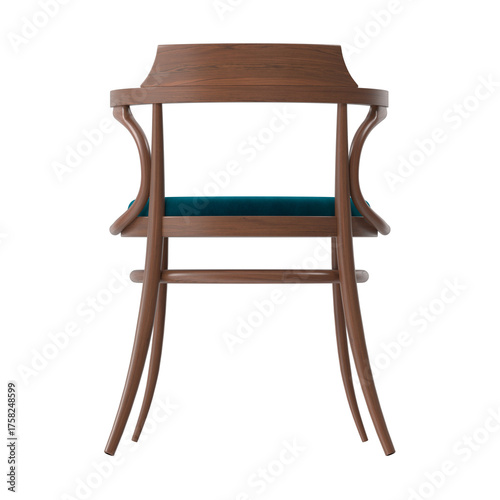 Принти на полотні Elegant wooden chair with teal cushion, showcased from the rear, exhibiting meti