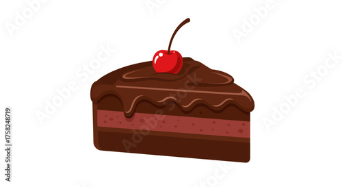 A triangular slice of chocolate cake topped with glossy frosting and a vibrant red cherry