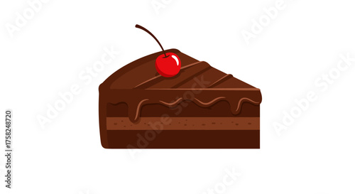 A slice of chocolate cake featuring dark frosting and a bright red cherry on top