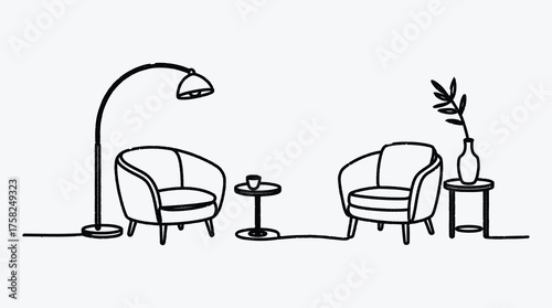 Minimalist living room interior sketch with armchairs lamp and plant pot