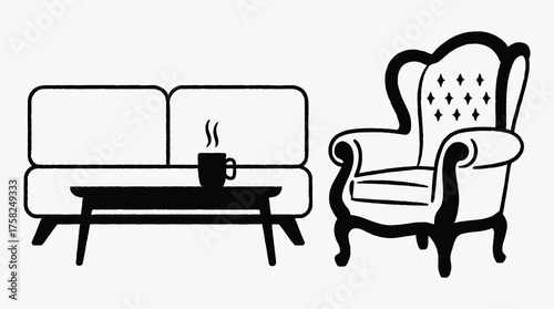 Minimalist Living Room Interior Design with Sofa Armchair and Coffee Illustration