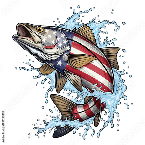 Patriotic fishing design American flag pattern on snook fish jumping vector