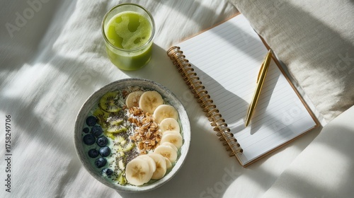 Healthy breakfast with smoothie bowl and green juice next to journal and pen on a sunlit bed
