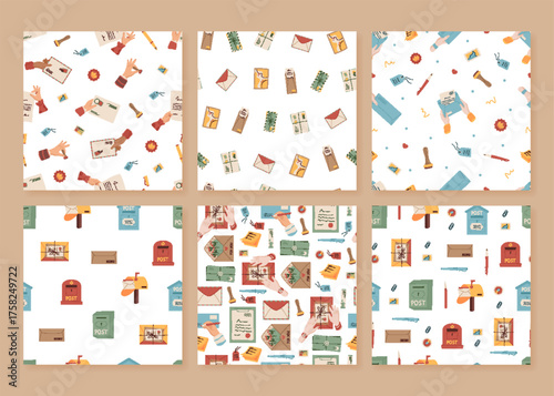Seamless pattern mail set in flat cartoon graphic style. Letter, envelope, stamp, postcard, mailbox, card, and box combine for creative correspondence. Post theme, colorful pattern perfect for paper,