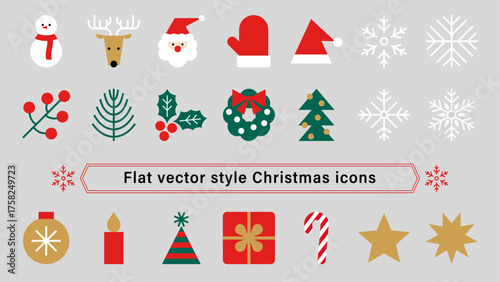 シンプルなクリスマスのアイコンセット。フラットな冬の素材。Christmas icons