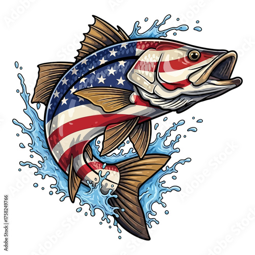 Patriotic fishing design American flag pattern on snook fish jumping vector