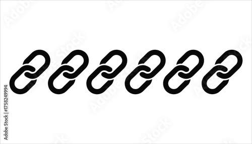 Six black chain links forming a horizontal line on a white background connection linked