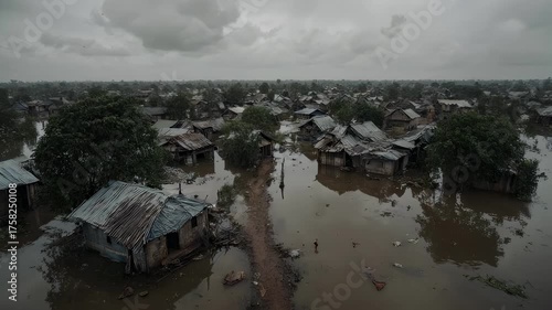 Aerial view of a flooded village with damaged huts, a dark sky overhead
