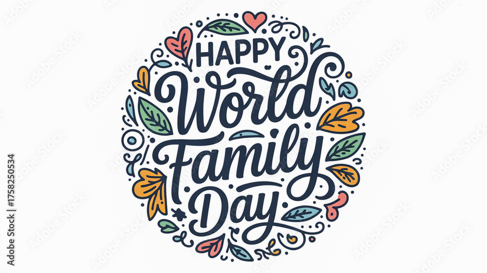Obraz premium Celebrate happy world family day with vibrant calligraphy and floral accents festive design