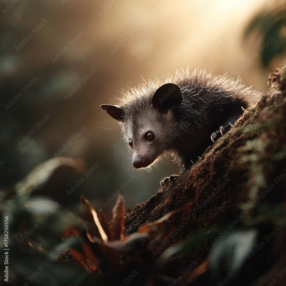 Naklejka premium A striking closeup of a unique primate perched on a mossy branch. Evokes themes of curiosity, wildlife, and exotic nature. Great for conservation, education, and adventure.