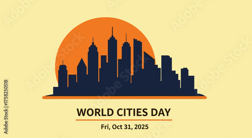 World Cities Day illustration with a cityscape silhouette against a sunset, marked for October 31, 2025.