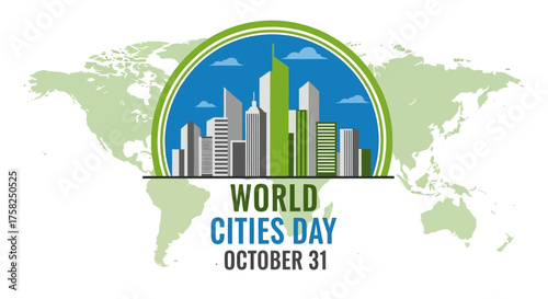 World Cities Day illustration with skyline and world map, October 31.