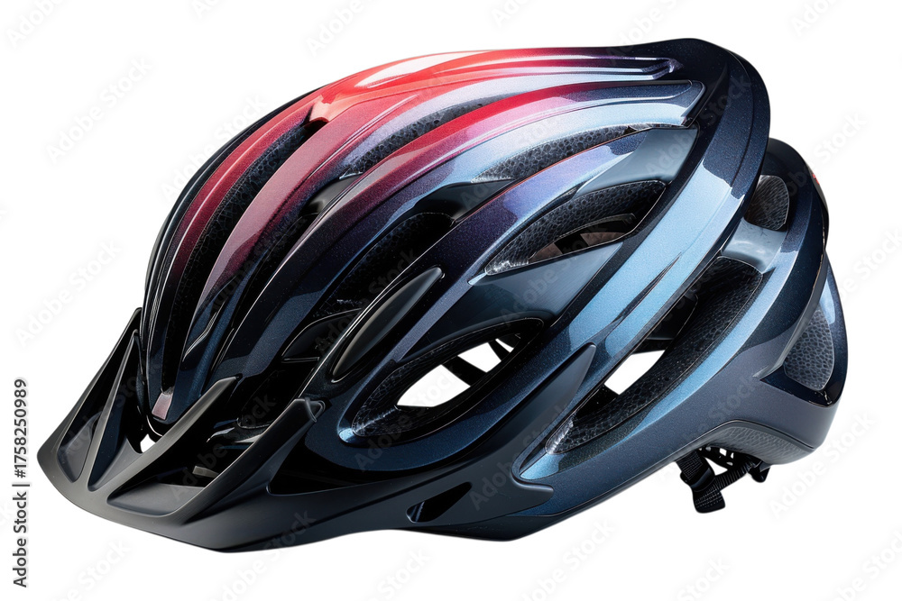 Fototapeta premium Black and red bicycle helmet with aerodynamic vents isolated on Transparent Background